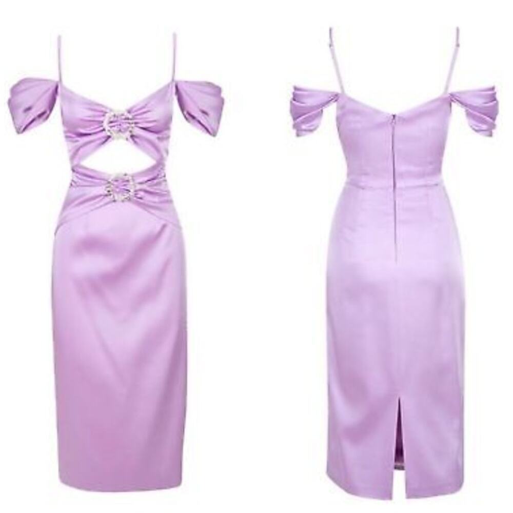 Gigii's June Satin Cut Out Crystal Embellished Midi‎ Dress Purple Size Med New